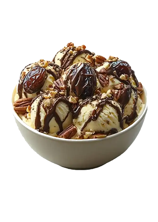 Almond Date dessert with banana, strawberry, kiwi, whipped cream, hazelnut ice cream, chocolate syrup, and powdered sugar at Keds Ice Cream